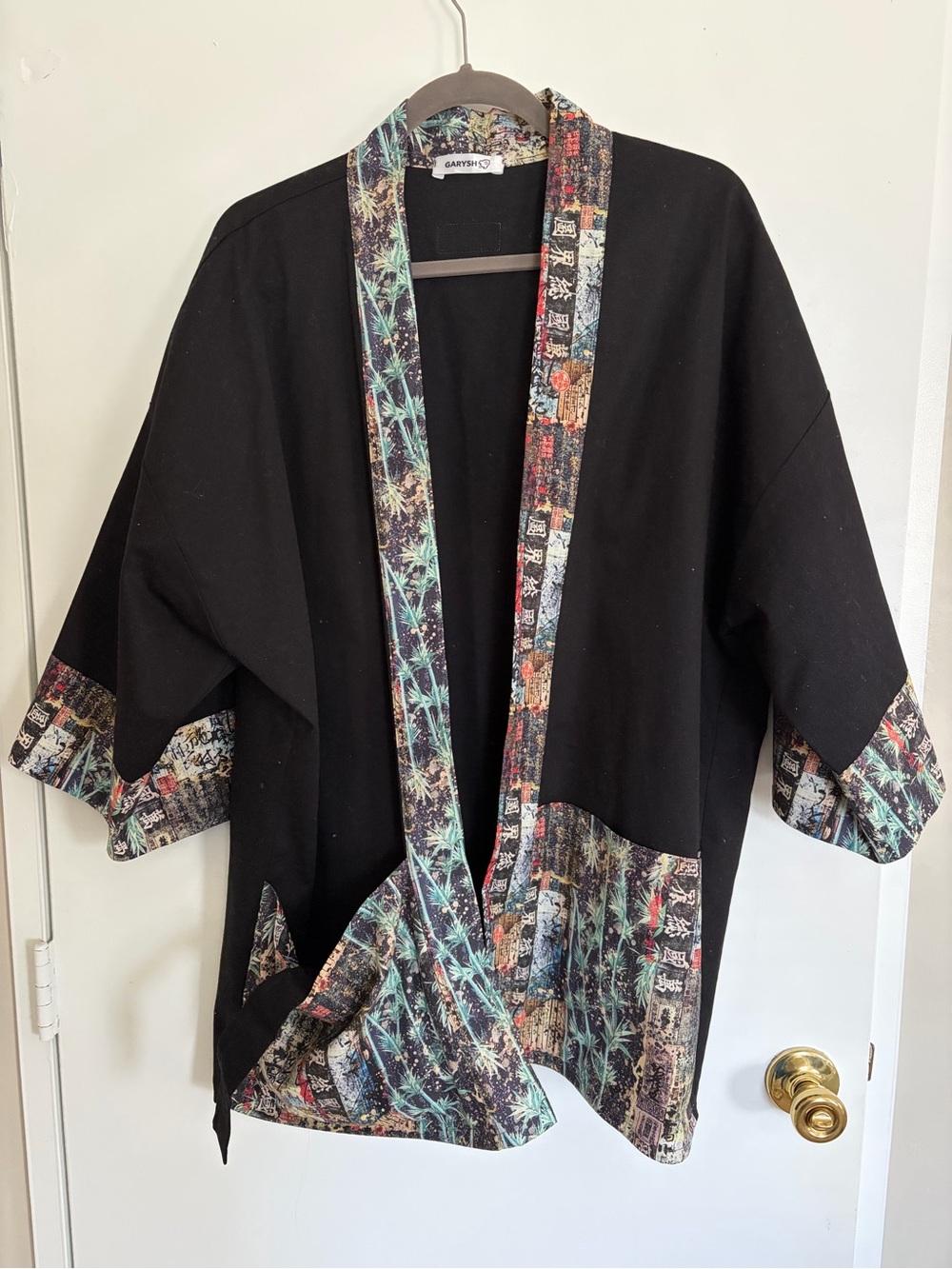 Canyon River Blues Black Open-Front Kimono with Multicolor Printed Trim